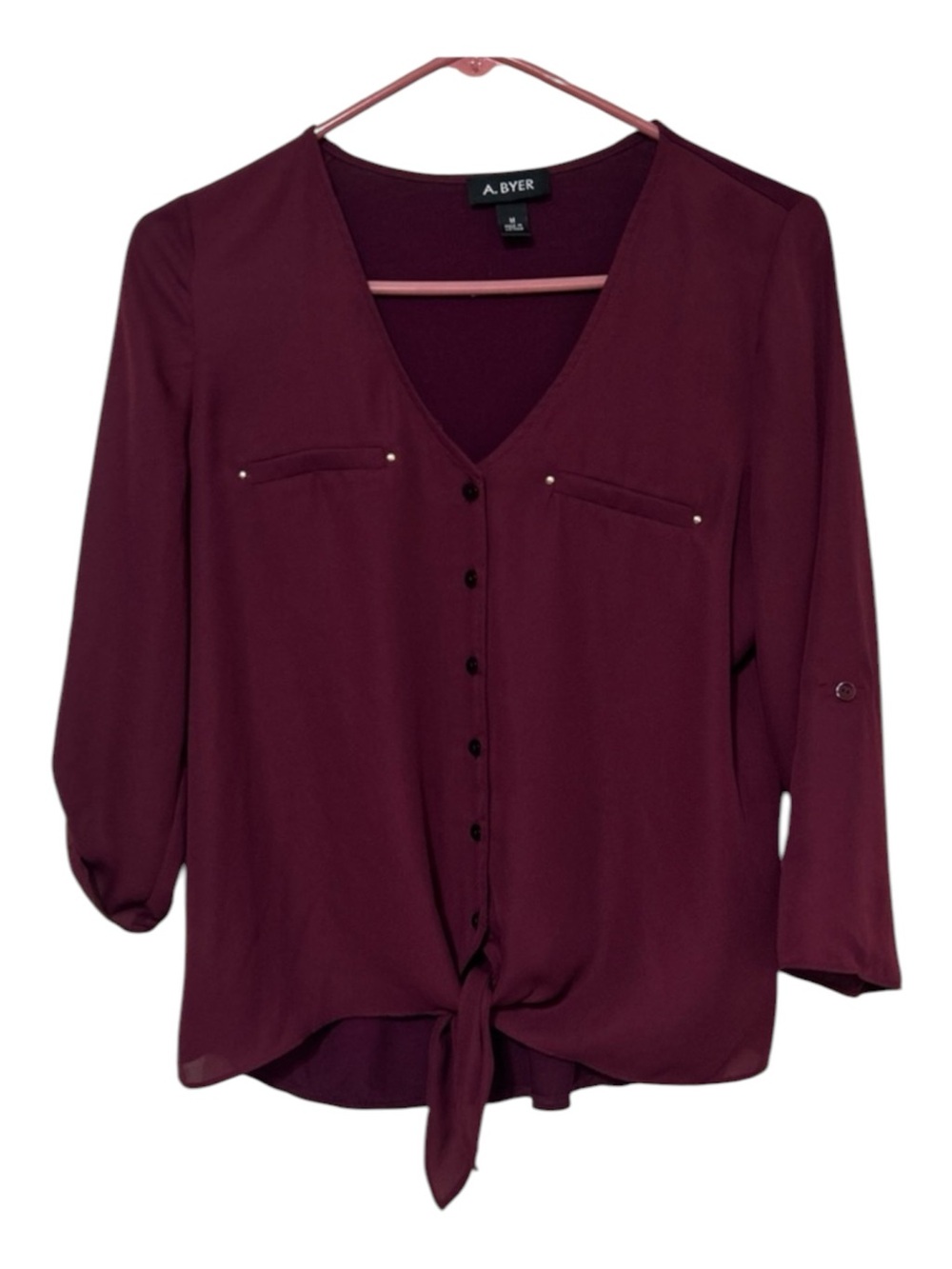 A. Byer Burgundy Front Tie Button Up Blouse Size M - Picture 1 of 7